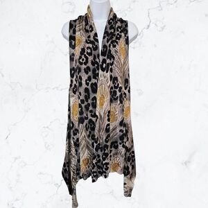 Vintage 90s Paris Mues Leopard & Peacock Feather Print Asymmetrical Boho Vest M